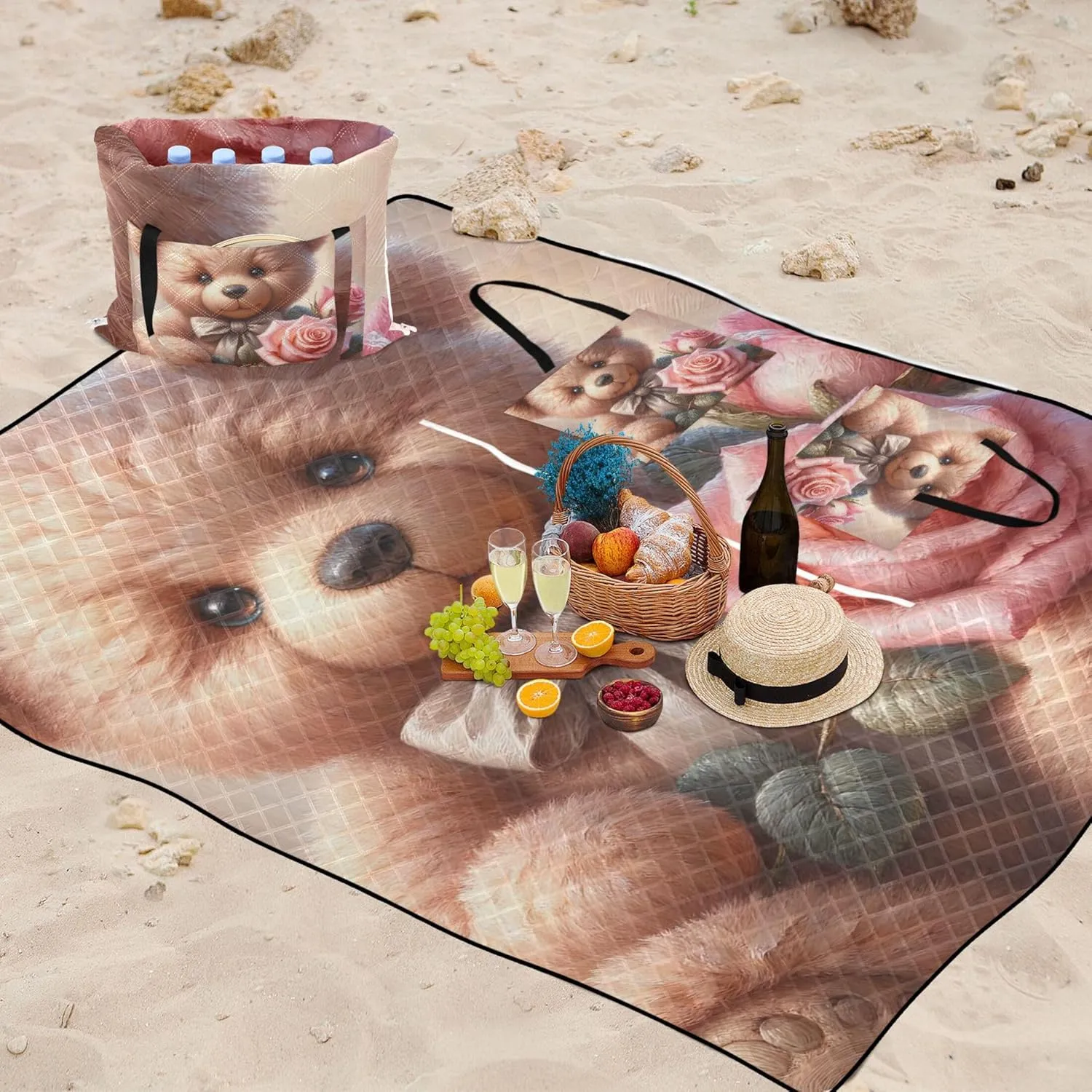 Cute Teddy Bear Rose Waterproof Beach Blanket Sand Proof Picnic Accessories Foldable Floral Tent Rugs for Camping Mat 118" x 80"