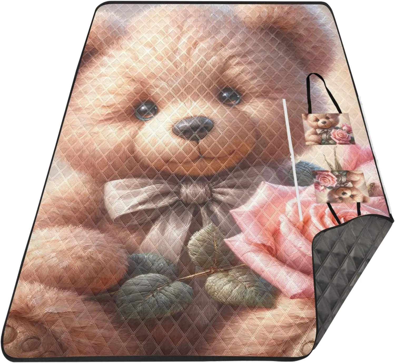 Cute Teddy Bear Rose Waterproof Beach Blanket Sand Proof Picnic Accessories Foldable Floral Tent Rugs for Camping Mat 118" x 80"