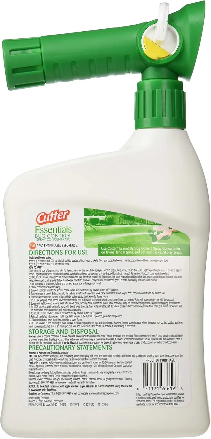 Cutter Essentials Bug Control Spray Concentrate, Kills Mosquitoes by Contact For Insects