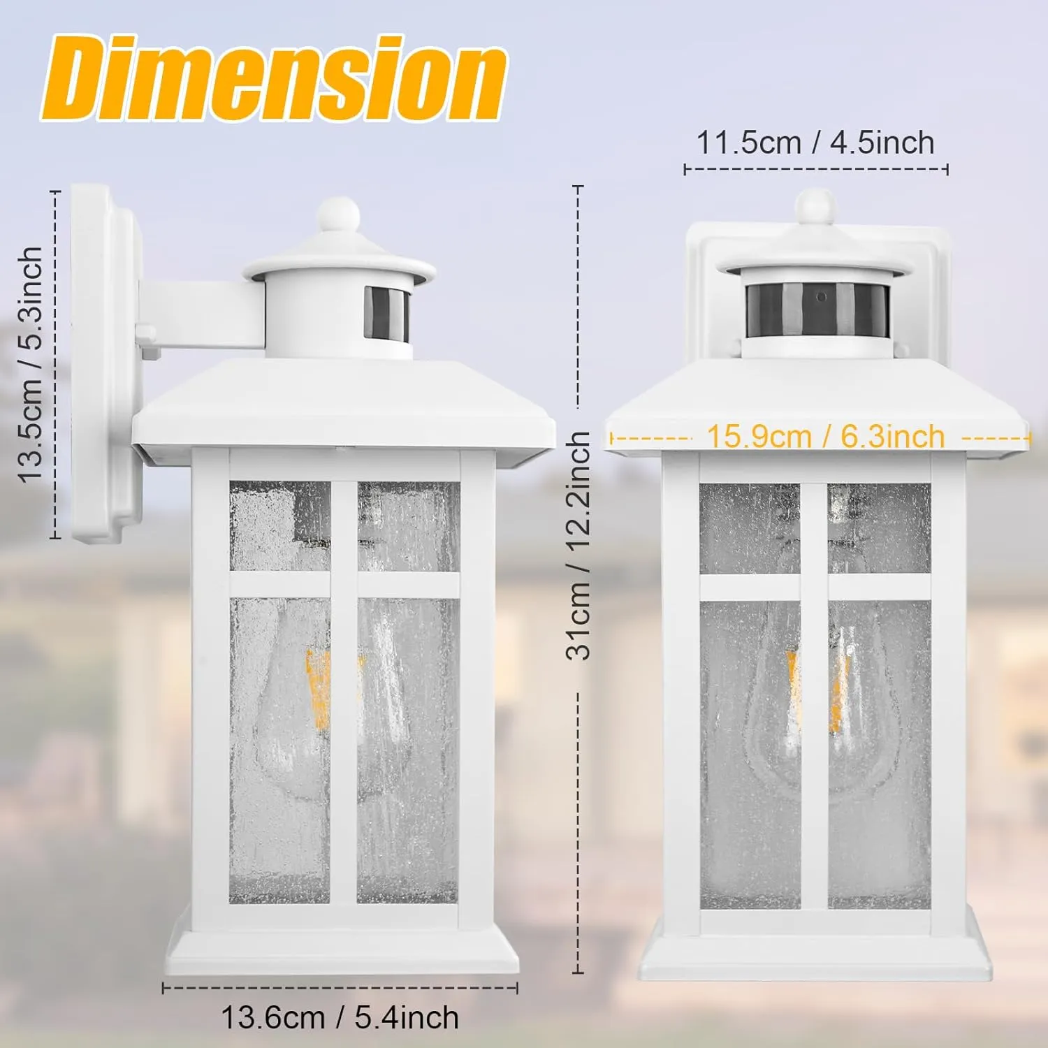 Dawn to Dusk Motion Sensor Wall Light Fixtures - White Wall Mount with E26 Sockets & Tempered Glass, Waterproof Outdoor & Indoor Lights for House, Porch, Garage, Door
