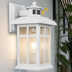 Dawn to Dusk Motion Sensor Wall Light Fixtures - White Wall Mount with E26 Sockets & Tempered Glass, Waterproof Outdoor & Indoor Lights for House, Porch, Garage, Door