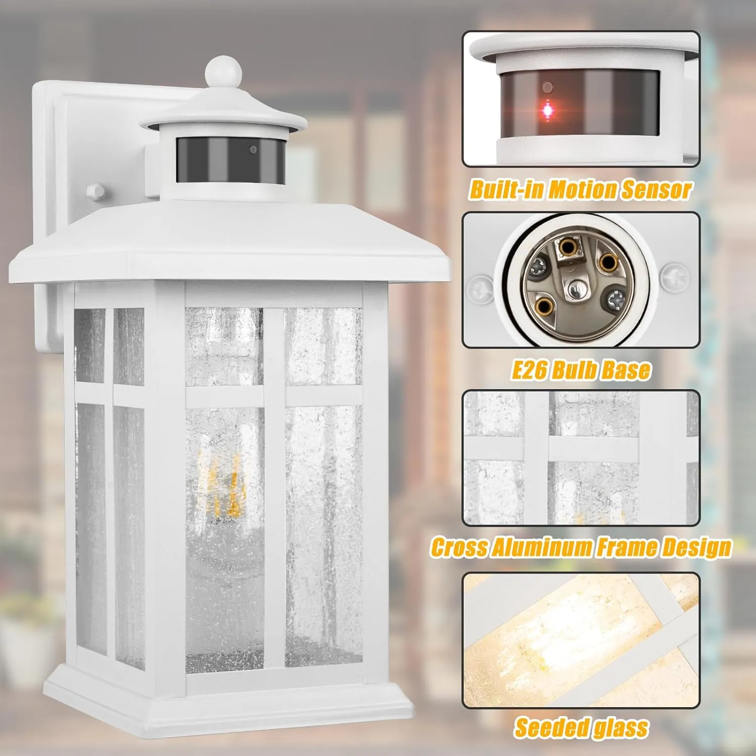 Dawn to Dusk Motion Sensor Wall Light Fixtures - White Wall Mount with E26 Sockets & Tempered Glass, Waterproof Outdoor & Indoor Lights for House, Porch, Garage, Door