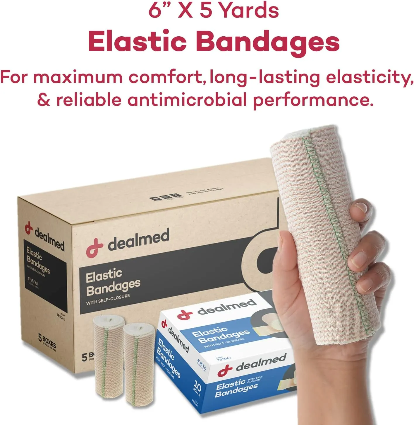 Dealmed 6" Elastic Bandage Wrap with Self-Closure – 50 Elastic Bandages, 5 Yards Stretched Compression Bandage Wrap, Wound Care Product for First Aid Kit and Medical Facilities