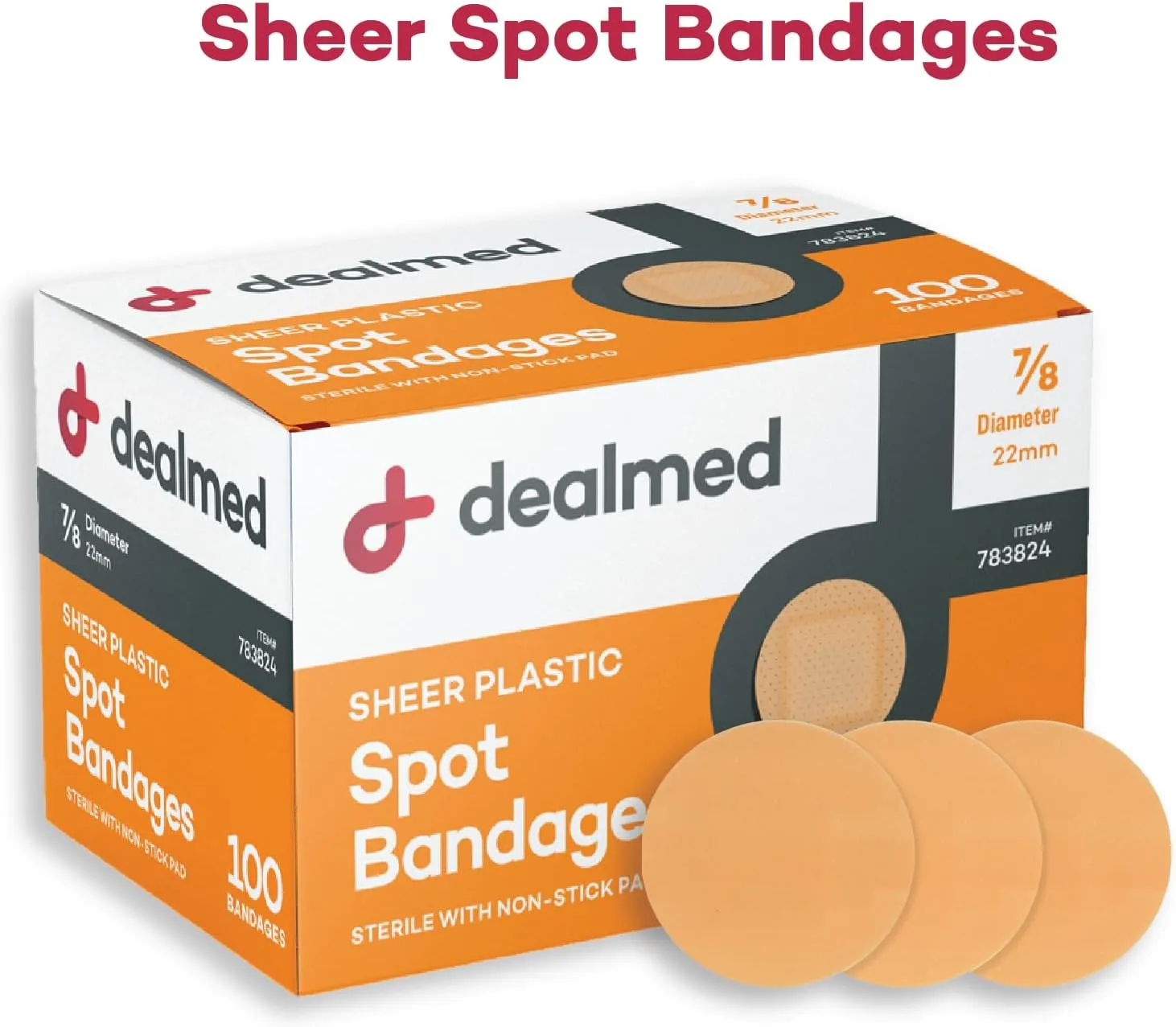 Dealmed Sheer Plastic Spot Bandages – 7/8” Small Round Sterile Strips, Adhesive Outer with Non-Stick Pad, Latex Free, Wound Care for First Aid Kit, 100 per Box (24 Pack)