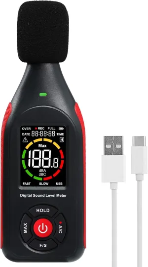 Decibel Meter Data Logger Digital Sound Level Meter with 31,000 Data Record & USB Data Export, Rechargeable Sound Decibel Meter Recorder A/C Weighted MAX Data Hold Fast/Slow and 3-Color Alarm Display