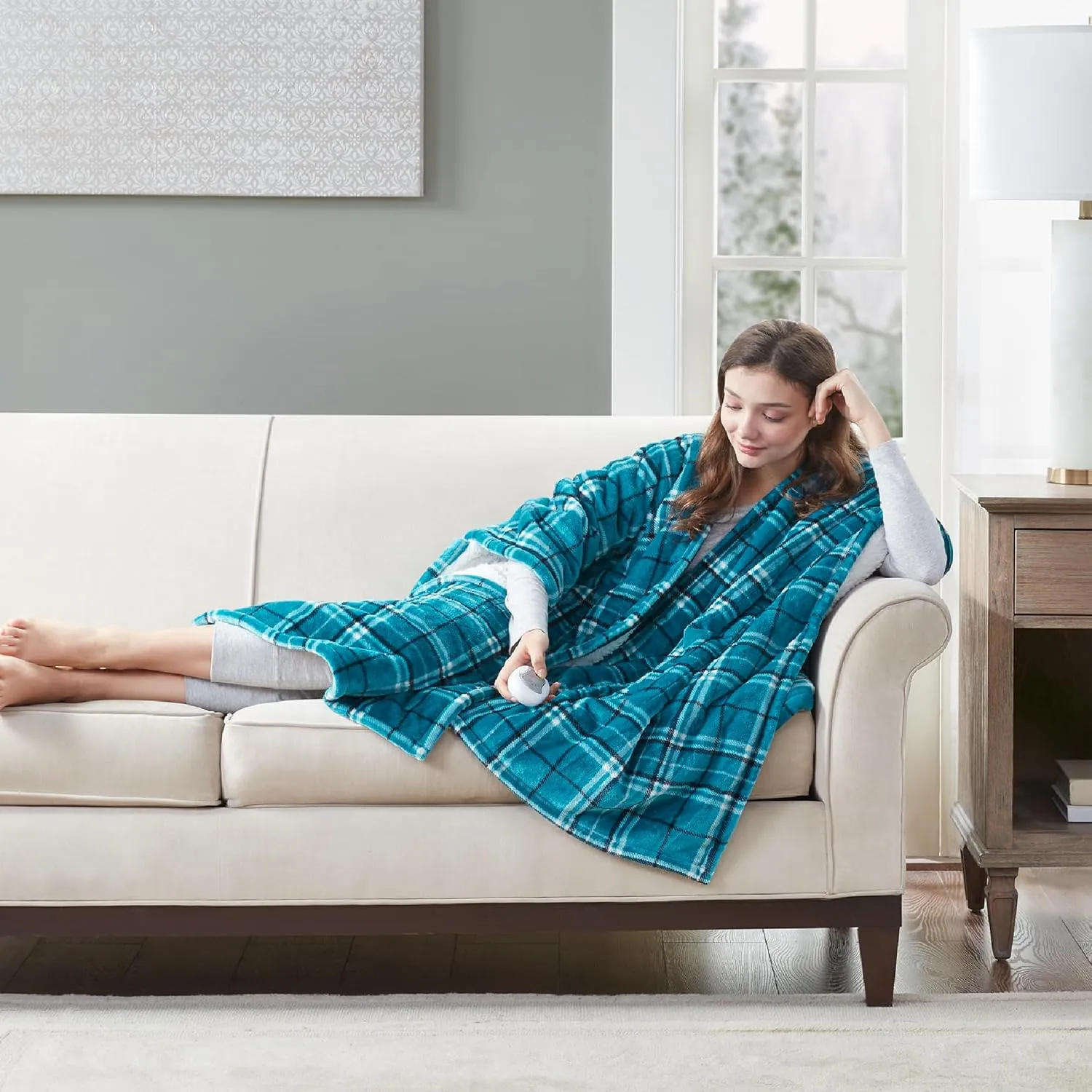 Degrees of Comfort Heated Sherpa Wrap Shawl, Cozy Winter Electric Blanket Throw, for Grandma Mom Women, Washable, Auto Shut-Off, Reversible 50 x 64 Inch, Blue Plaid