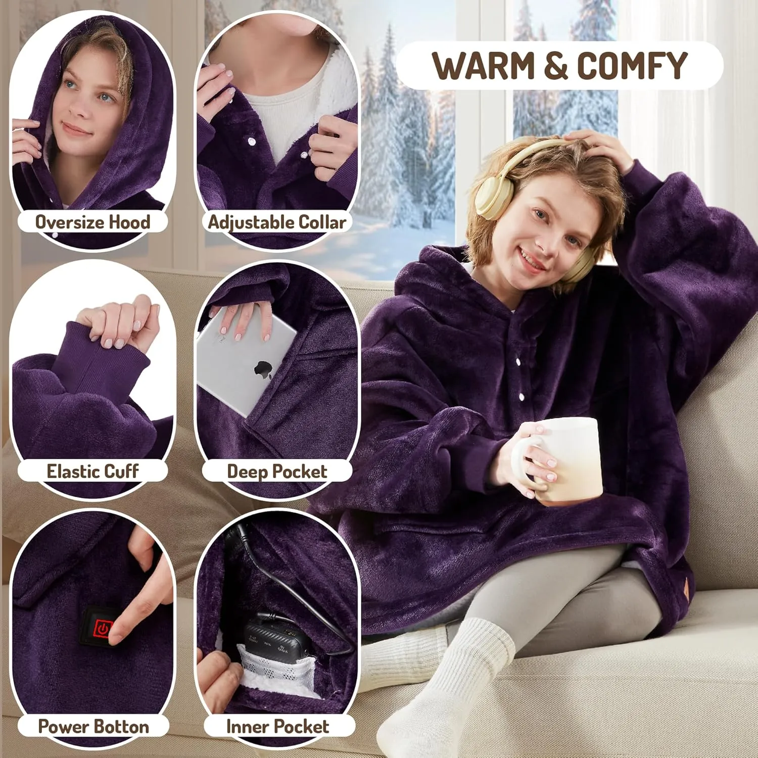 Degrees of Comfort Heated Wearable Blanket, Cordless Electric Heating Hoodie for Women, Purple