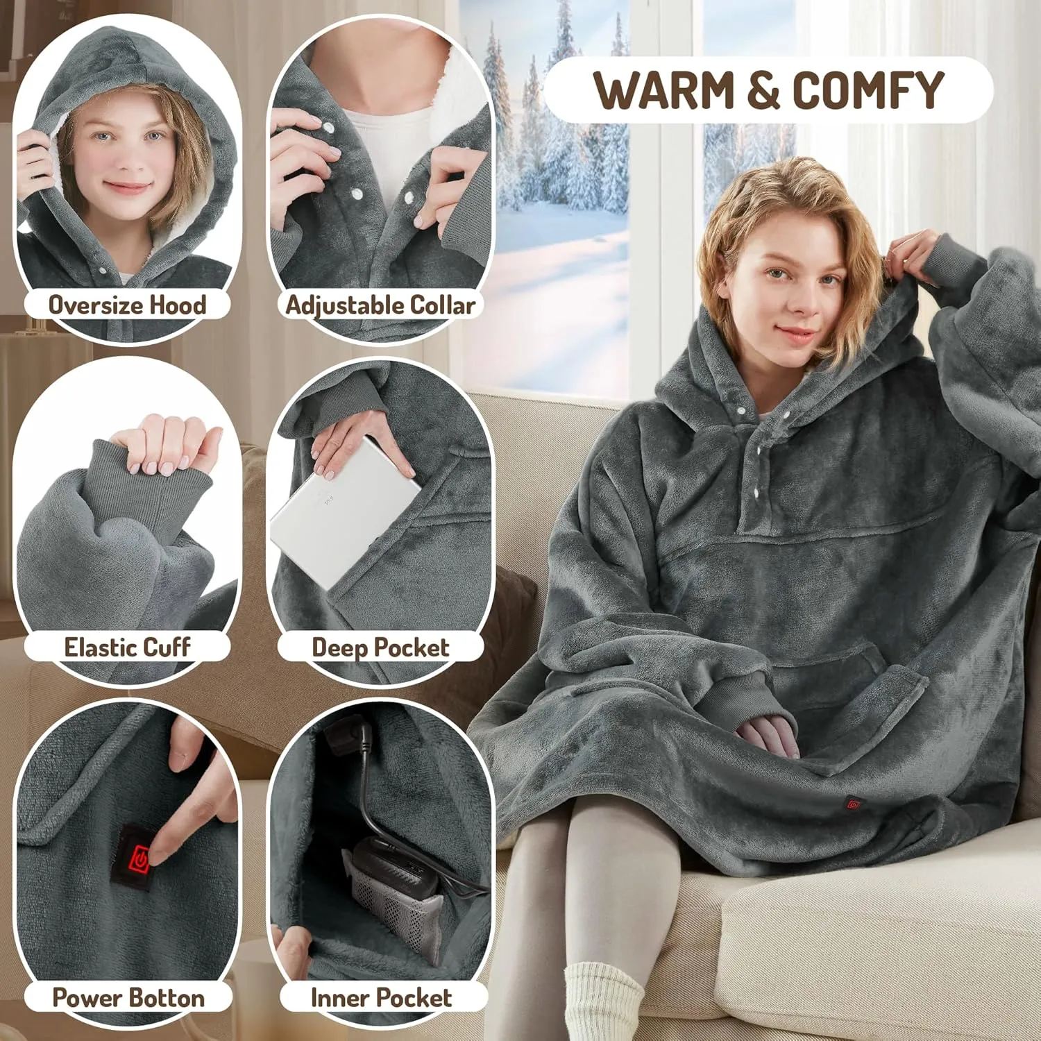 Degrees of Comfort Heated Wearable Blanket, Cordless Heating Hoodie for Women, Grey