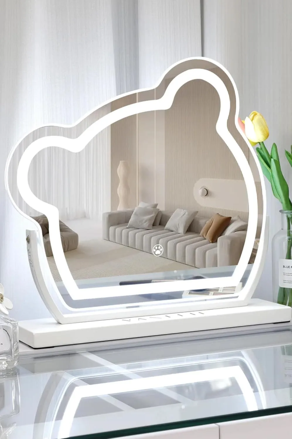 Desktop LED Makeup Mirror with Fill Light, Twisted Neck Bear Rotation Makeup Mirror, 3 Color Light, Smart Touch Control
