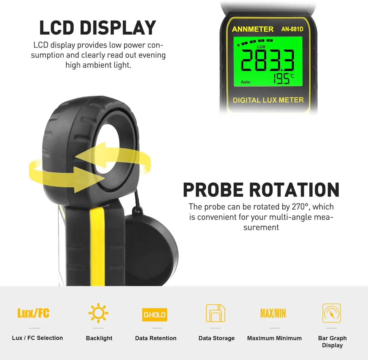 Digital Lux/Foot Candle Light Meter, AIOMEST Illuminance Lumen Tester 0.01~400,000 Lux, Handheld Luxometro AI-881D for LED Plant Grow Lighting, Luxmeter w/Data Logging & Rotatable Detector