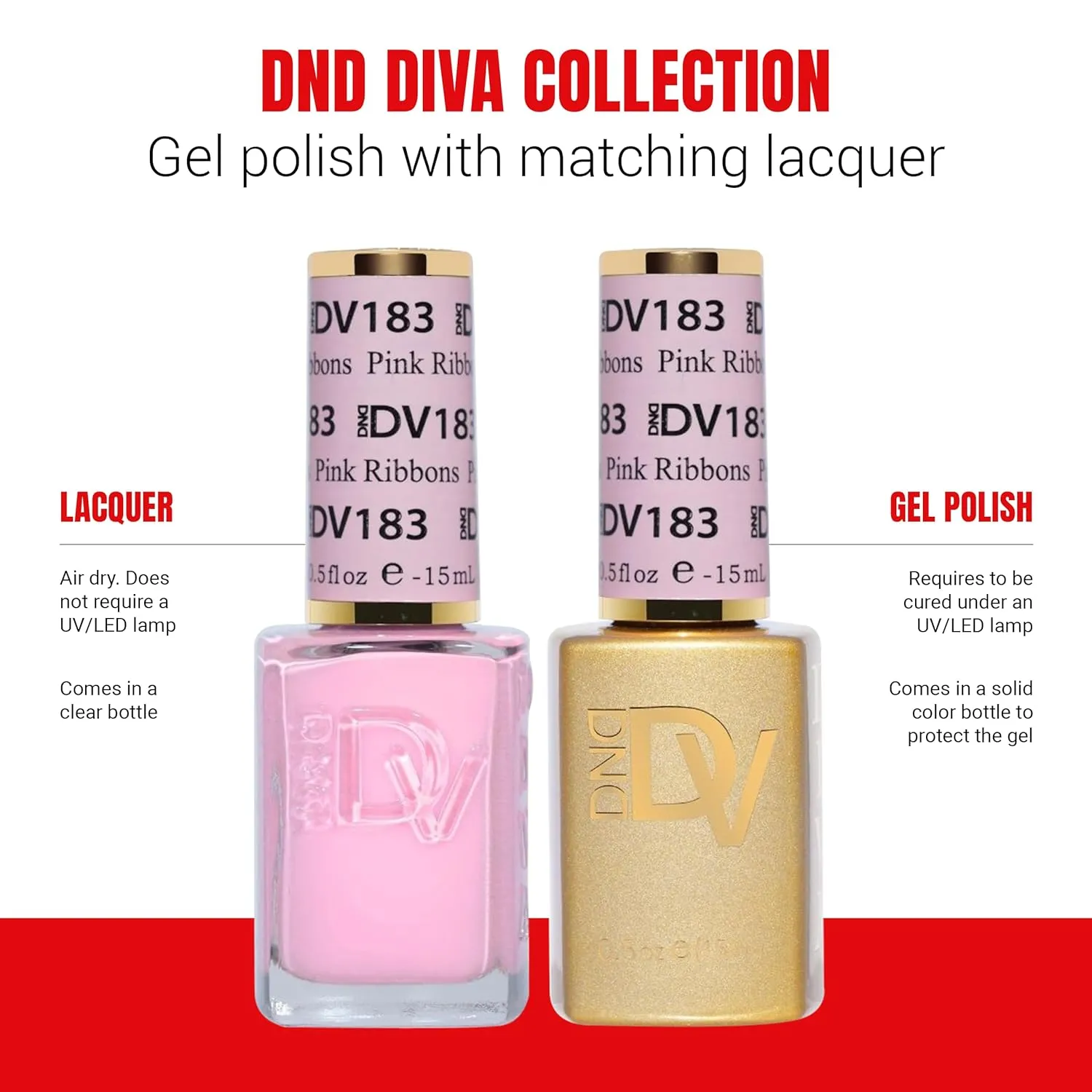 DND Diva Gel Polish Set, First Class Collection, UV/LED Gel Polish and Air Dry Nail Lacquer, Matching Chip-Free Polish Duo, 183 Pink Ribbons, 0.5 Fl Oz