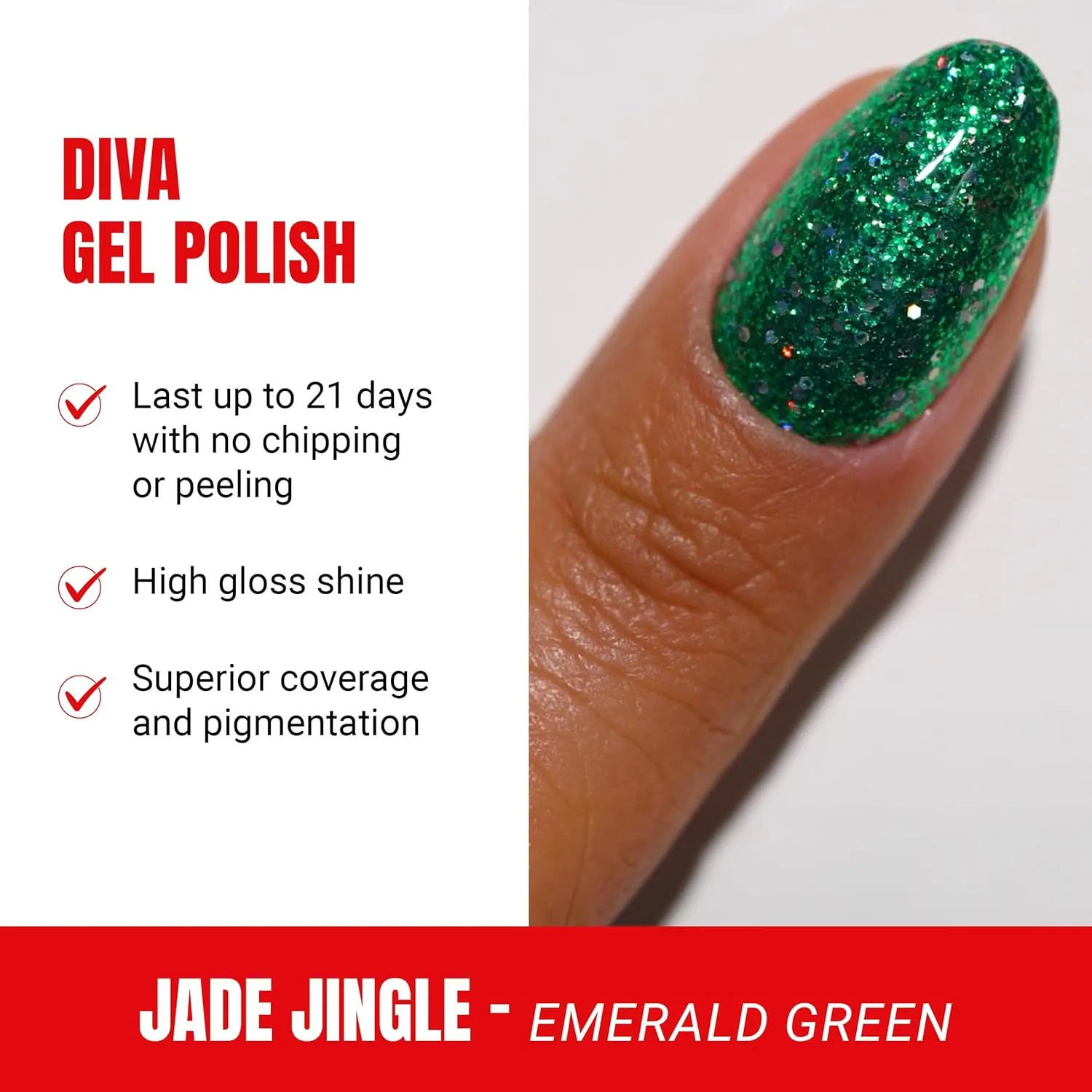 DND Gel Diva Polish Set, Mirrorball Collection, UV/LED Gel Polish and Air Dry Nail Lacquer, Matching Chip-Free Polish Duo, Green030 Jade Jingle, 0.5 Fl Oz Each