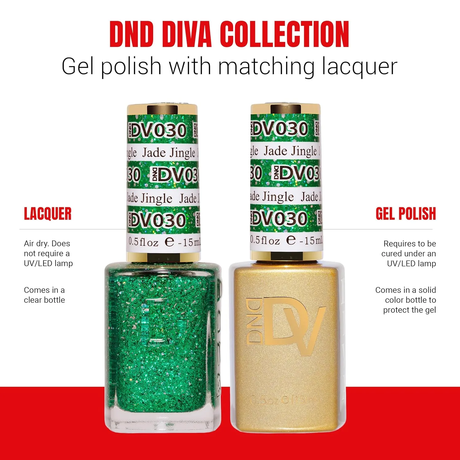 DND Gel Diva Polish Set, Mirrorball Collection, UV/LED Gel Polish and Air Dry Nail Lacquer, Matching Chip-Free Polish Duo, Green030 Jade Jingle, 0.5 Fl Oz Each