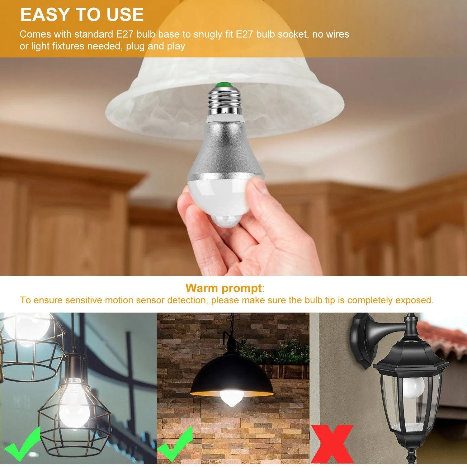 E27 Motion Sensor Light Bulb 1000LM 6500K Dust to Dawn Automatic