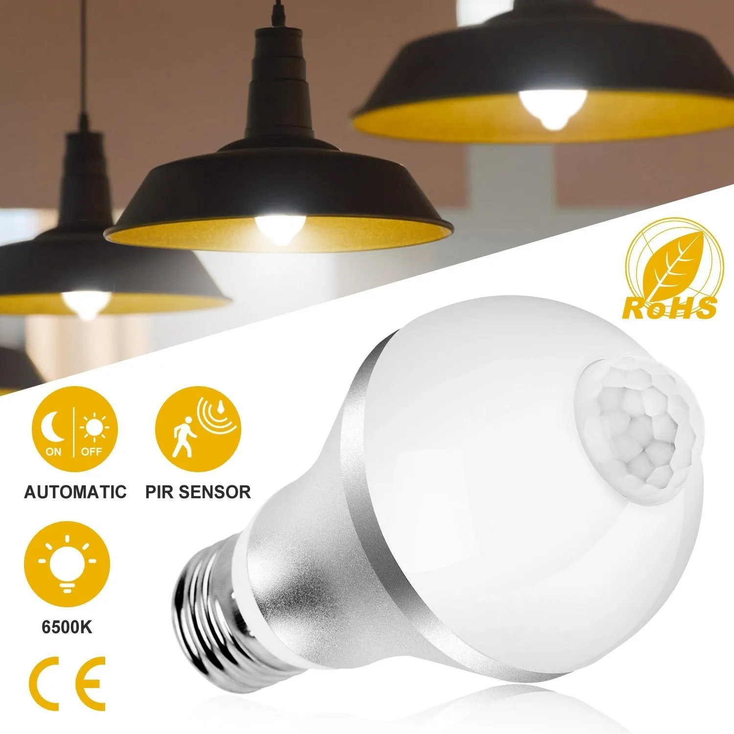 E27 Motion Sensor Light Bulb 1000LM 6500K Dust to Dawn Automatic