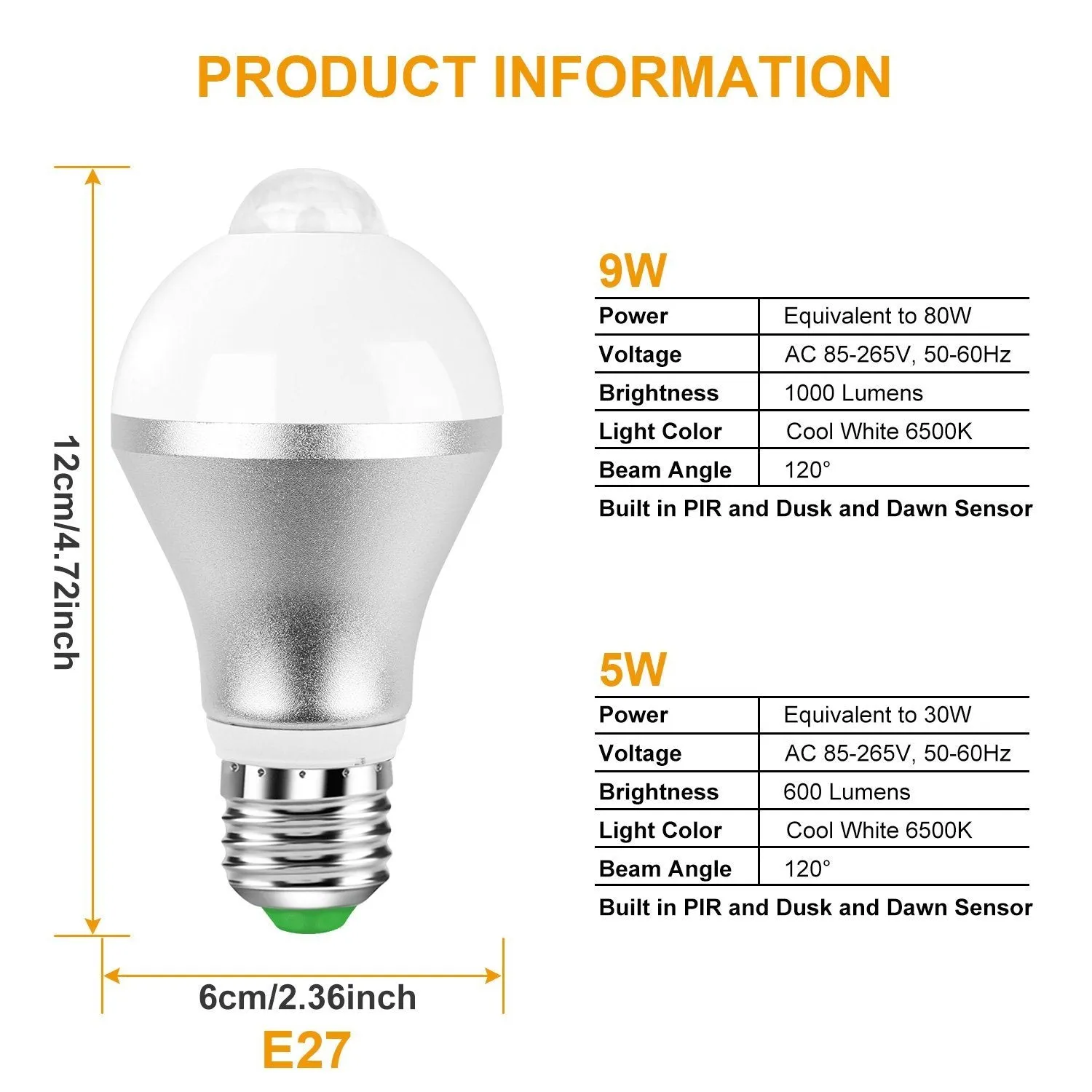 E27 Motion Sensor Light Bulb 1000LM 6500K Dust to Dawn Automatic