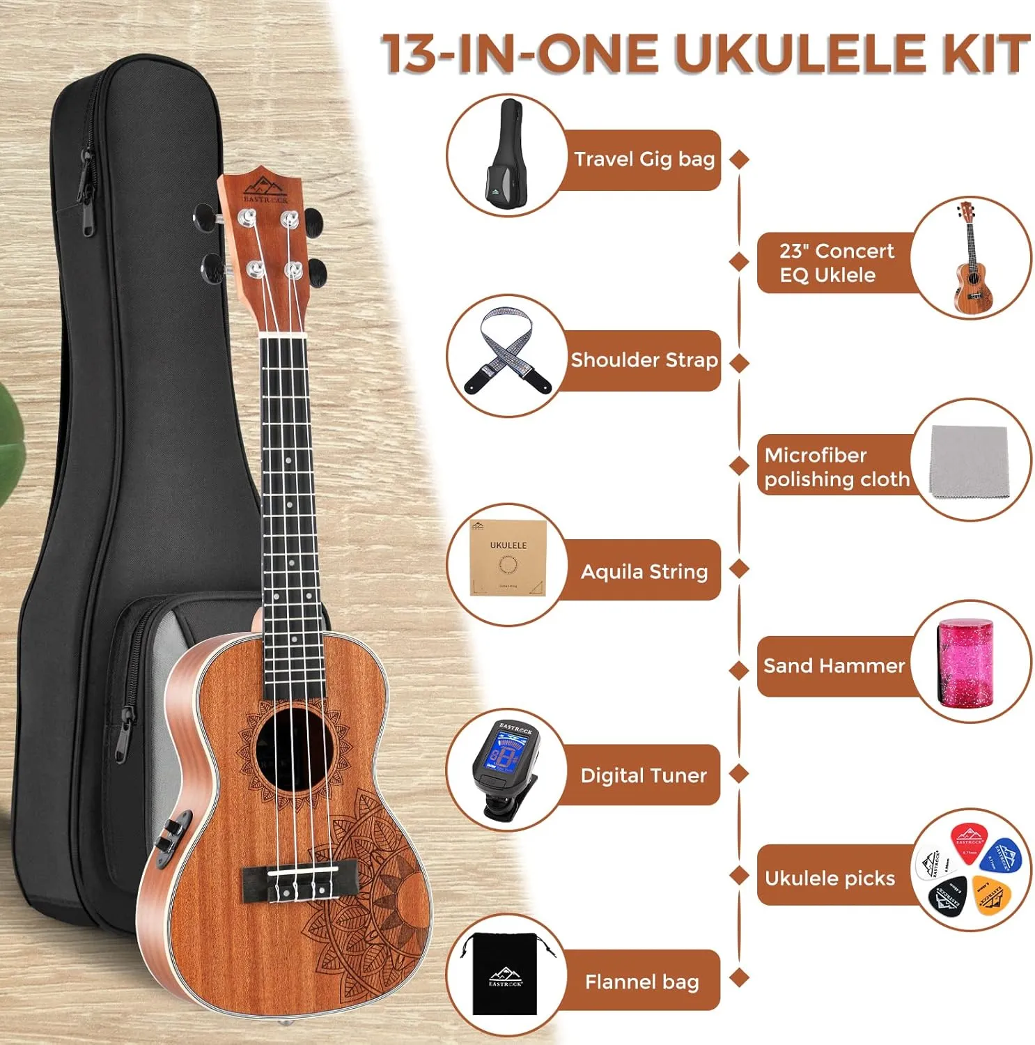 EASTROCK Concert Ukelele Sapele Beginner Electric Built-in Equalizer Ukulele 23 inch Big Package Kit. Ukulele Ukalalee Suitable for adults, Beginners. (23-Sapele-EQ)