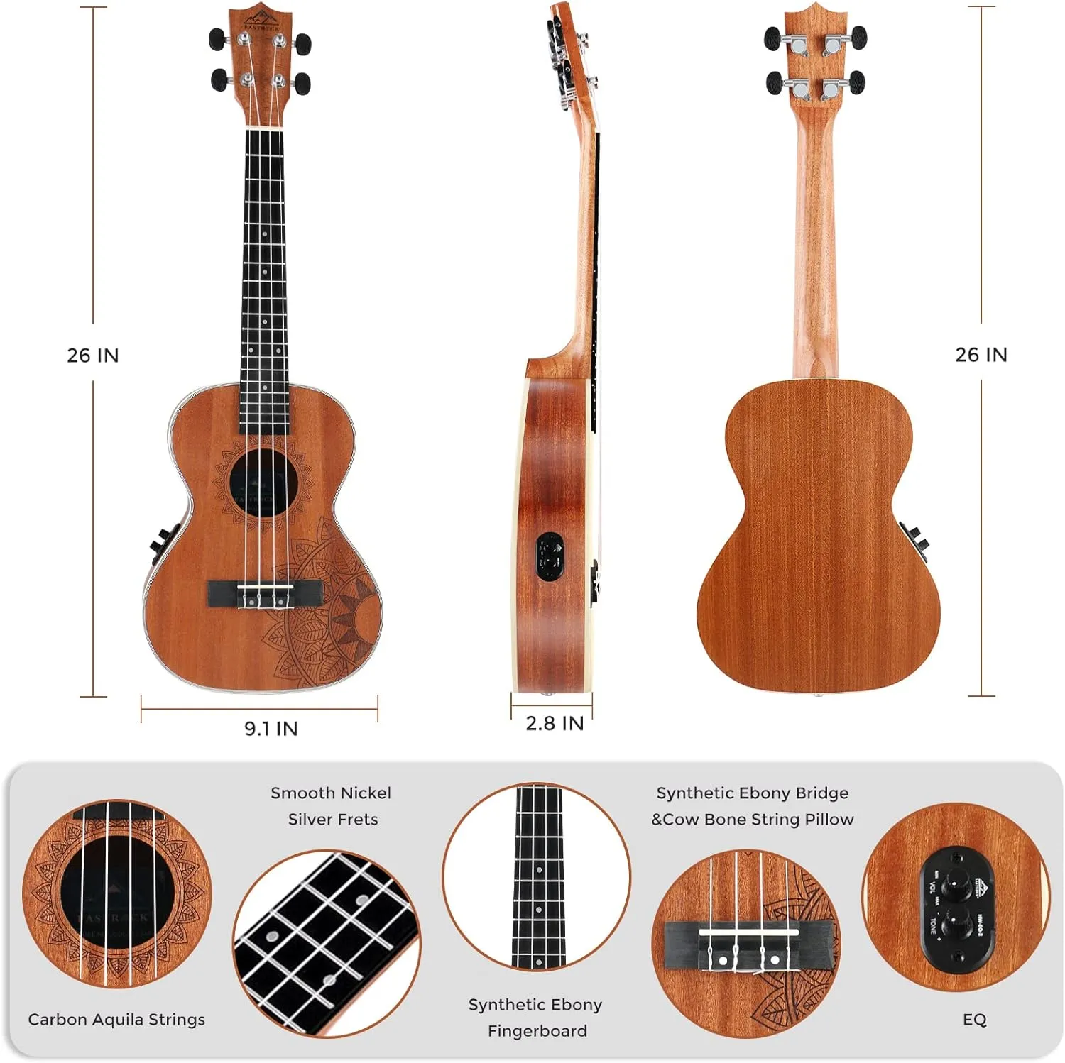 EASTROCK Concert Ukelele Sapele Beginner Electric Built-in Equalizer Ukulele 23 inch Big Package Kit. Ukulele Ukalalee Suitable for adults, Beginners. (23-Sapele-EQ)