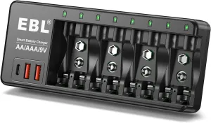 EBL AA AAA 9V NiMH NiCD and 9V Li-ion Rechargeable Battery Charger, with 2 USB-A & 1 USB-C Ports