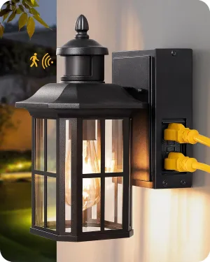 EDISHINE Outdoor Wall Lights with GFCI Outlet, Motion Sensor Porch Light for House, Dusk to Dawn Exterior Lighting Fixtures, Waterproof Outdoor Wall Sconce for Patio Garage, Black