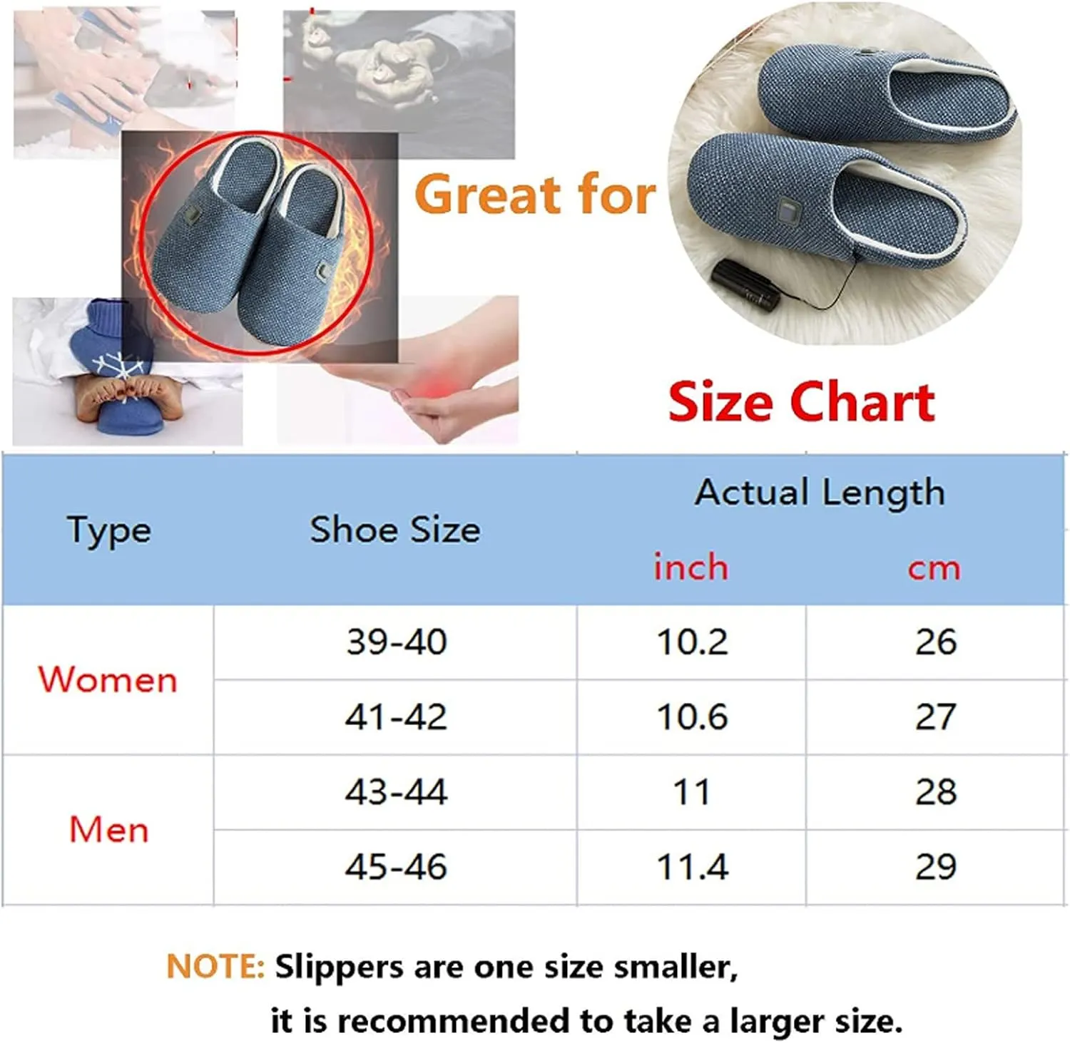 EEUK Heated Slippers Rechargeable, Foot Warmer USB Heating Electric Shoe Foot Warmer Winter Cold Weather Shoes House Shoes Keep Women Men Foot Warmer, Comfortable(Size:39-40,Color:Blue)