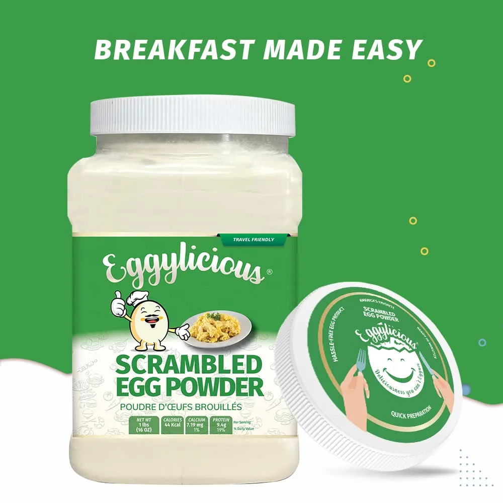 Eggylicious Egg Scramble Mix – Made w/ Hormones Free Whole Eggs/Protein Packed –Easy & Delicious Breakfast - Ideal for Outdoors/Camping/Backpacking – Preservatives Free – Easy Storing 1 lb Jar