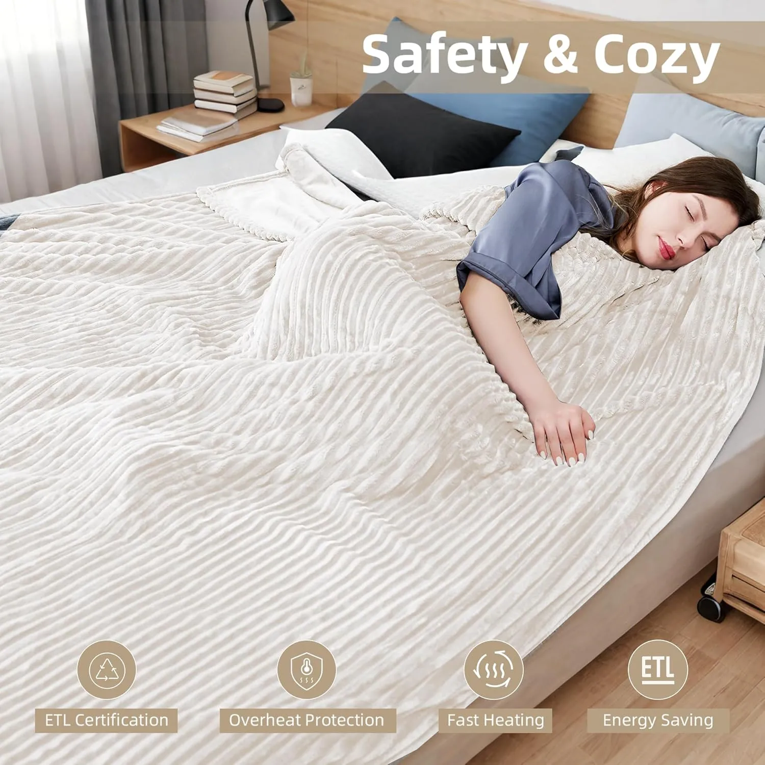 Electric Blanket 72"x84" Full Size Heated Blanket with 10 Heat Settings & 1-12 Hours Auto-Off,Reversible Cozy Silky Flannel Fabric Warm Blanket Large Size for Full Body - Cream