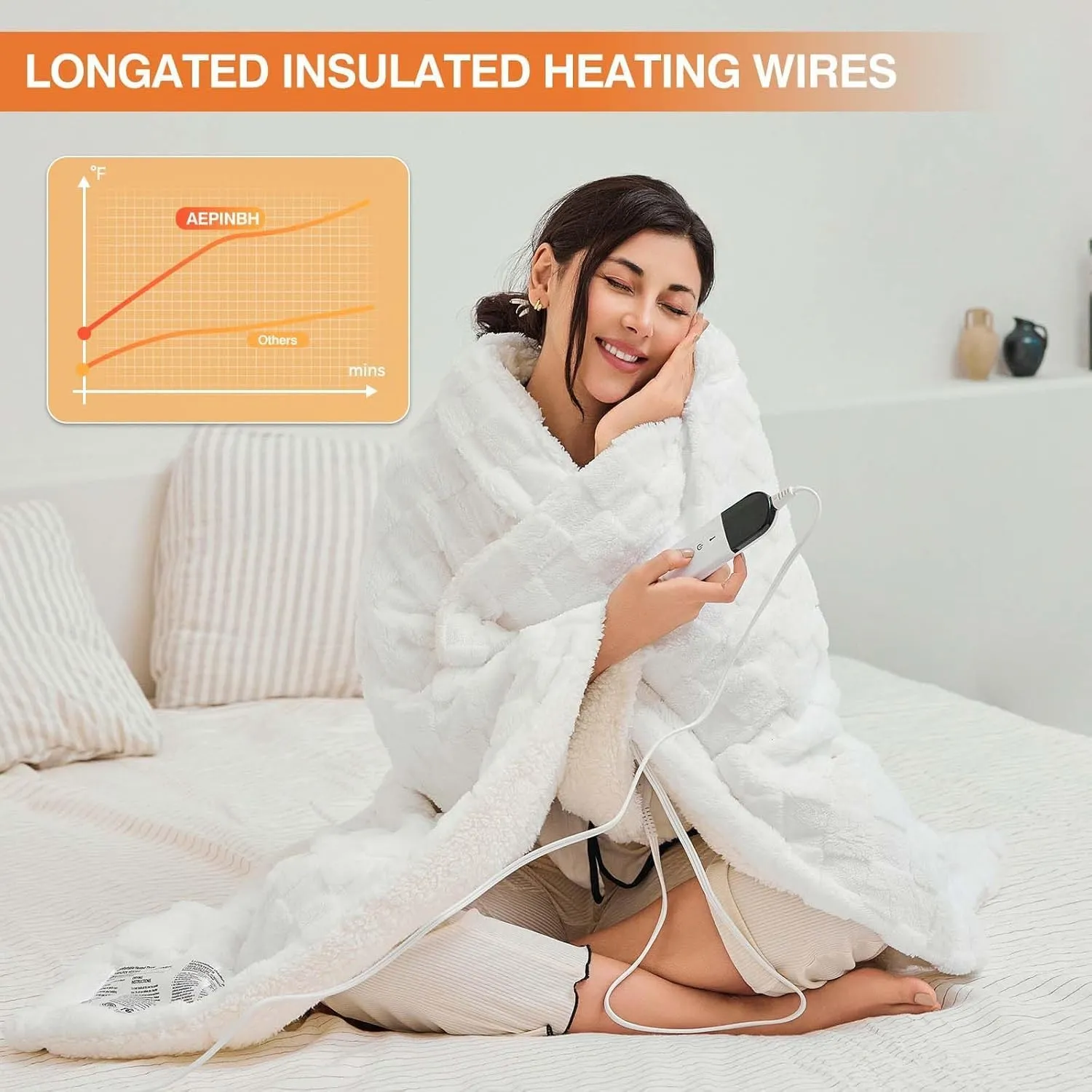 Electric Blanket Dual Control, Heated Blanket Flannel with 6 Heat Levels, 10 Time Settings, Soft Thicken Heating Blanket with ETL Certification, White, 84"× 90"