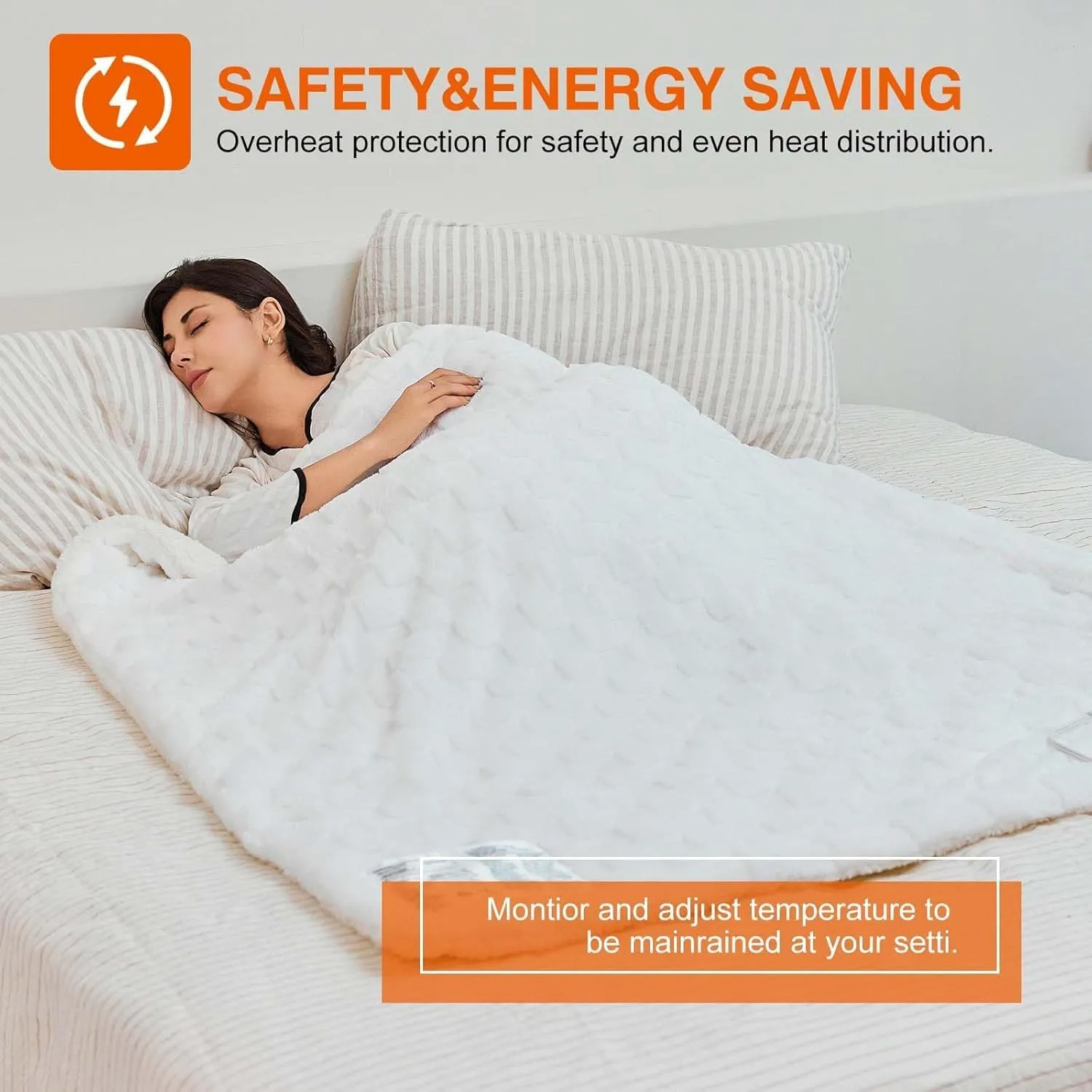 Electric Blanket Dual Control, Heated Blanket Flannel with 6 Heat Levels, 10 Time Settings, Soft Thicken Heating Blanket with ETL Certification, White, 84"× 90"
