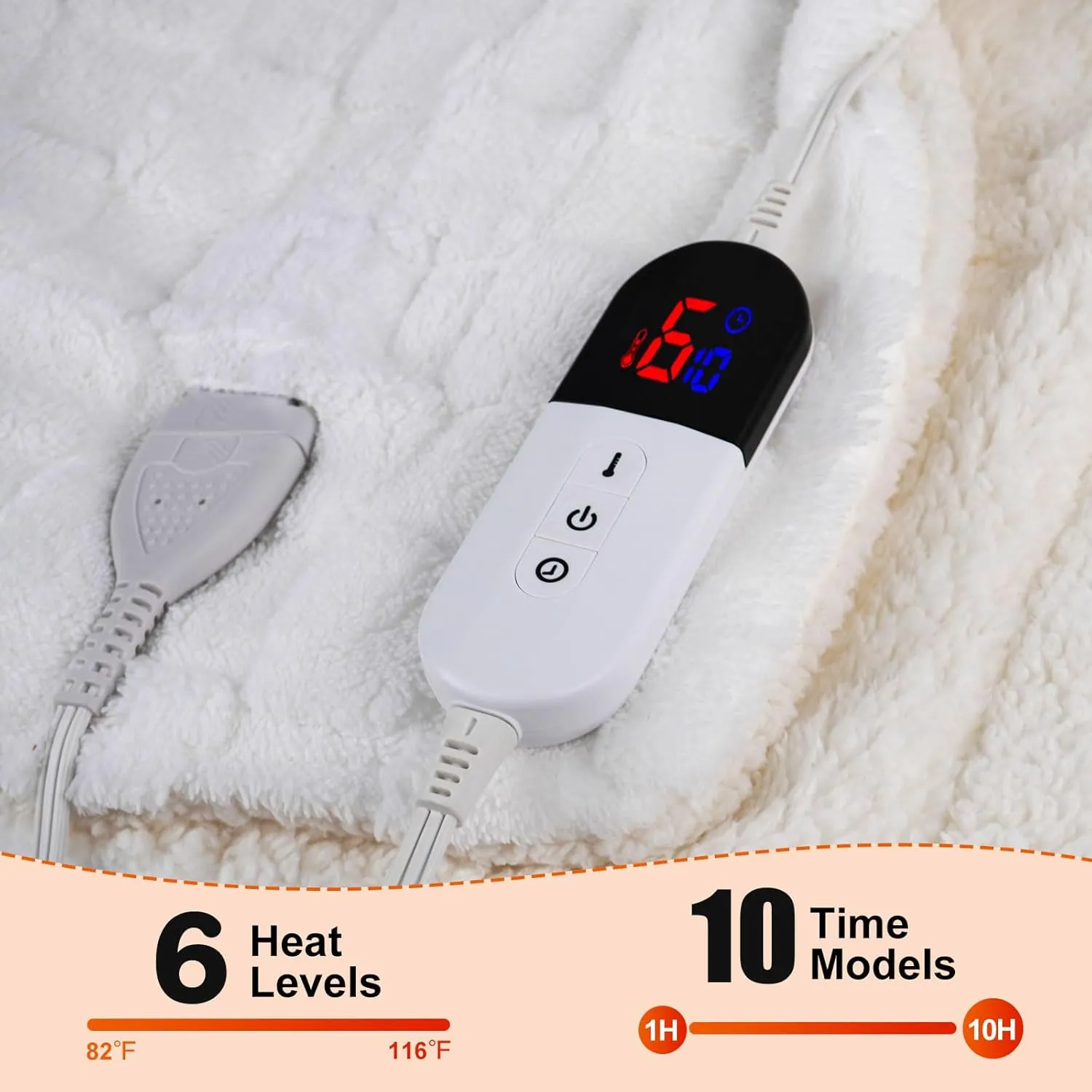 Electric Blanket Dual Control, Heated Blanket Flannel with 6 Heat Levels, 10 Time Settings, Soft Thicken Heating Blanket with ETL Certification, White, 84"× 90"