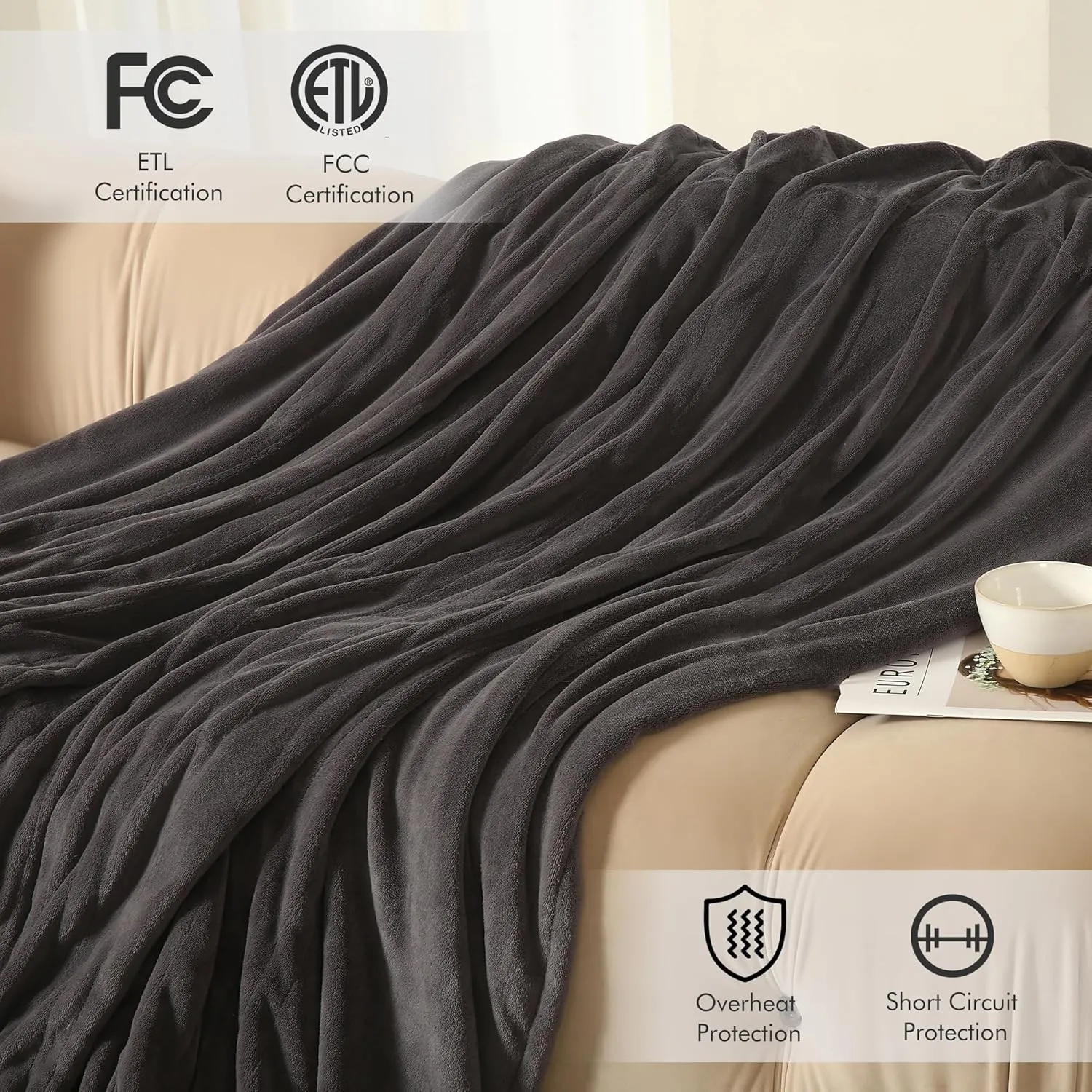 Electric Blanket Full Size - 72"x84" Cozy Coral Fleece Full Size Heated Blanket with Overheat Protection, Fast Heating Blanket with 6 Heating Levels & 1-10 Hours Adjustable Timer, Dark Gray