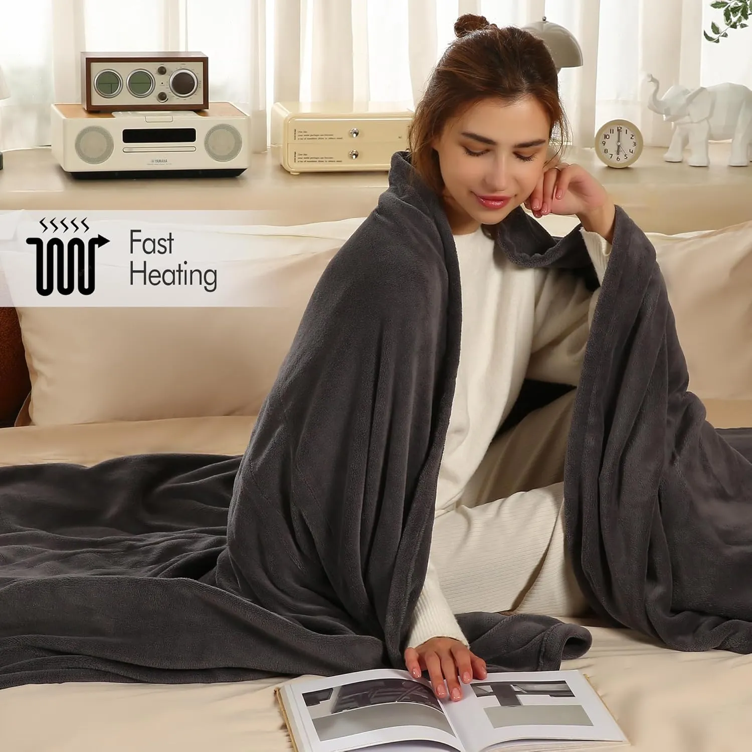 Electric Blanket Full Size - 72"x84" Cozy Coral Fleece Full Size Heated Blanket with Overheat Protection, Fast Heating Blanket with 6 Heating Levels & 1-10 Hours Adjustable Timer, Dark Gray
