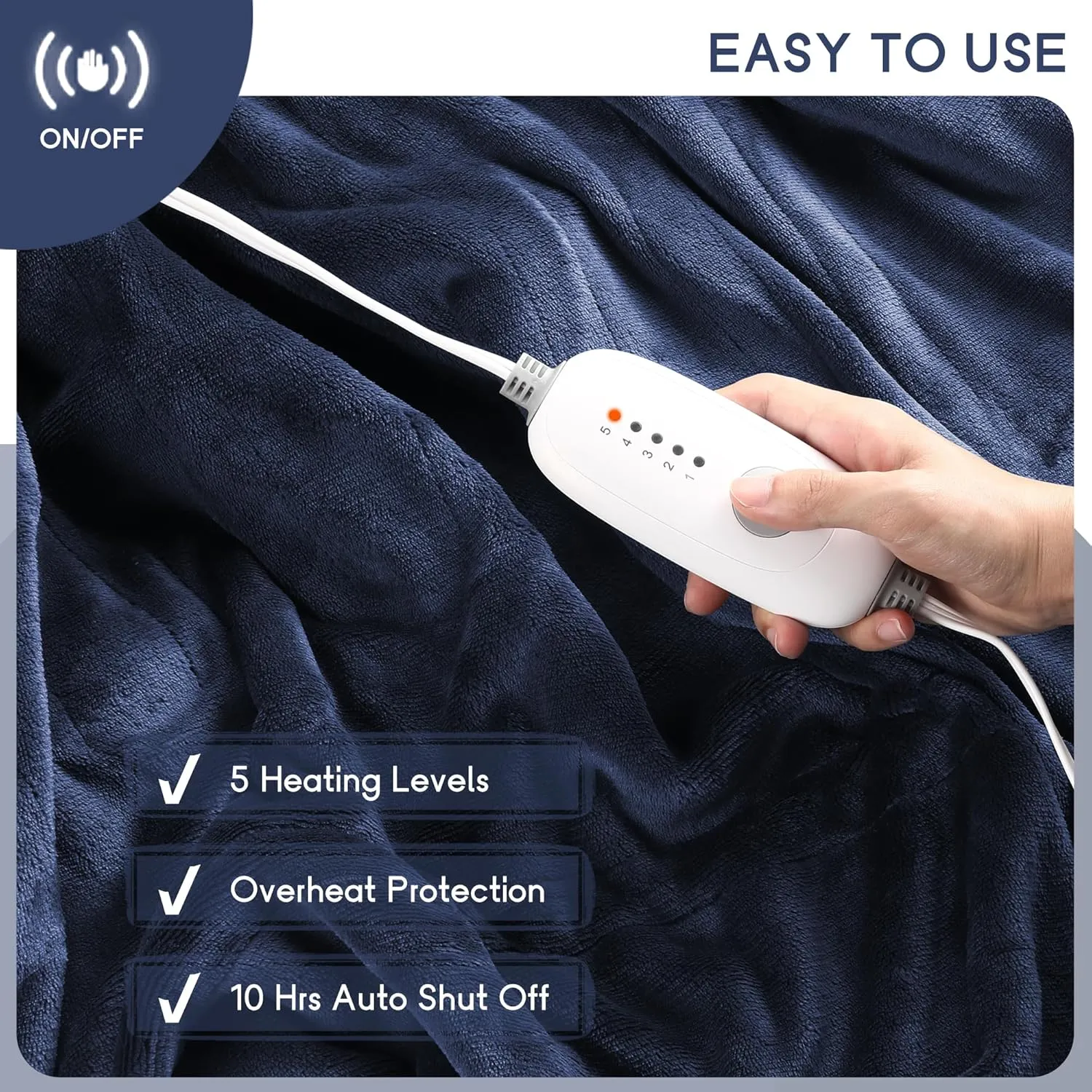 Electric Blanket Full Size 72''x84'', Soft Flannel Heated Blanket with 10 Hour Auto Off - 5 Heat Settings - Machine Washable - Blue
