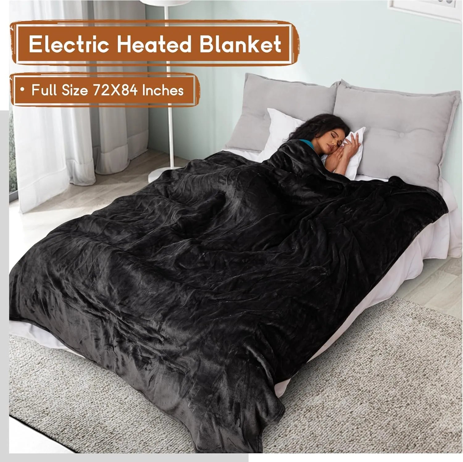 Electric Blanket Full Size 72''x84'', Soft Flannel Heating Blanket with 10 Hour Auto Off - 5 Heat Settings - Machine Washable - Black