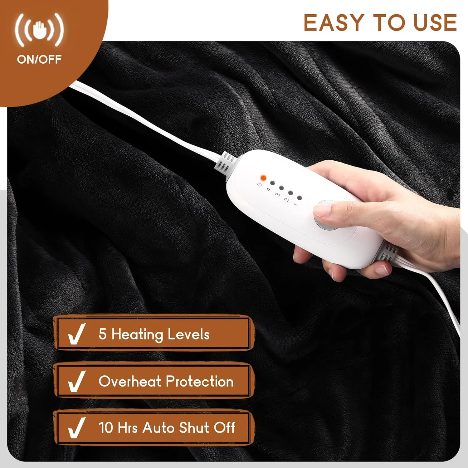 Electric Blanket Full Size 72''x84'', Soft Flannel Heating Blanket with 10 Hour Auto Off - 5 Heat Settings - Machine Washable - Black