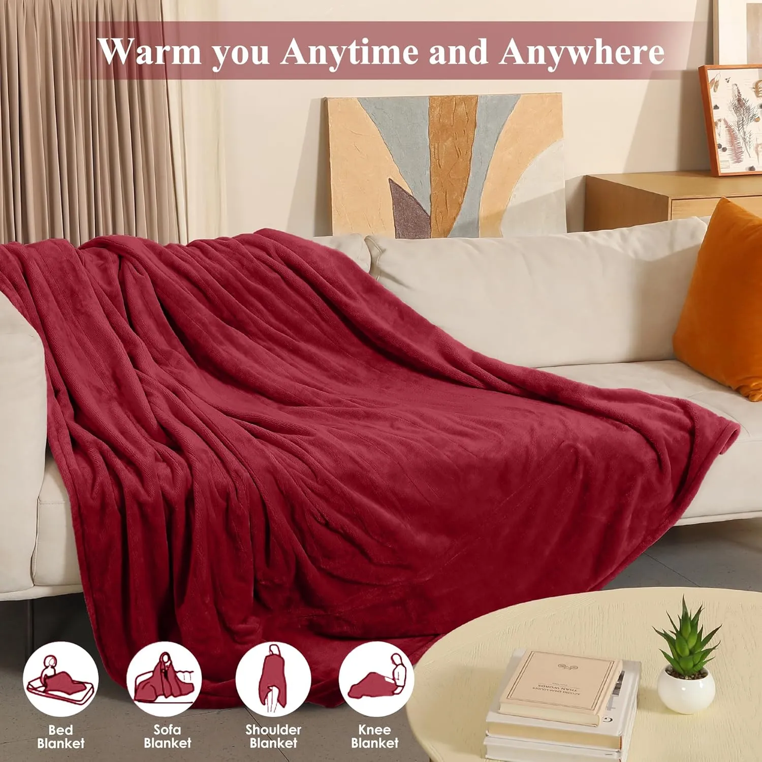 Electric Blanket Full Size, Super Soft Cozy Upgraded Flannel Heated Blanket with 6 Heating Levels & 1-10 Hours Auto Off, Fast Heating Blanket for Home Office, Machine Washable, 72" x 84", Burgundy