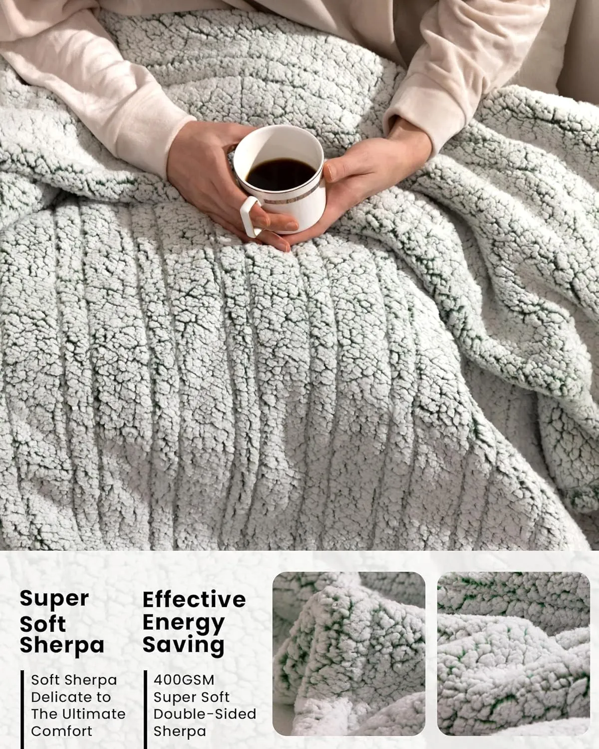 Electric Blanket Heated Throw Soft Double Sherpa Super Cozy with 6 Fast Heating Levels & 1-4 Hours Auto-Off, Over-Heat Protection, Machine Washable-Sage Green