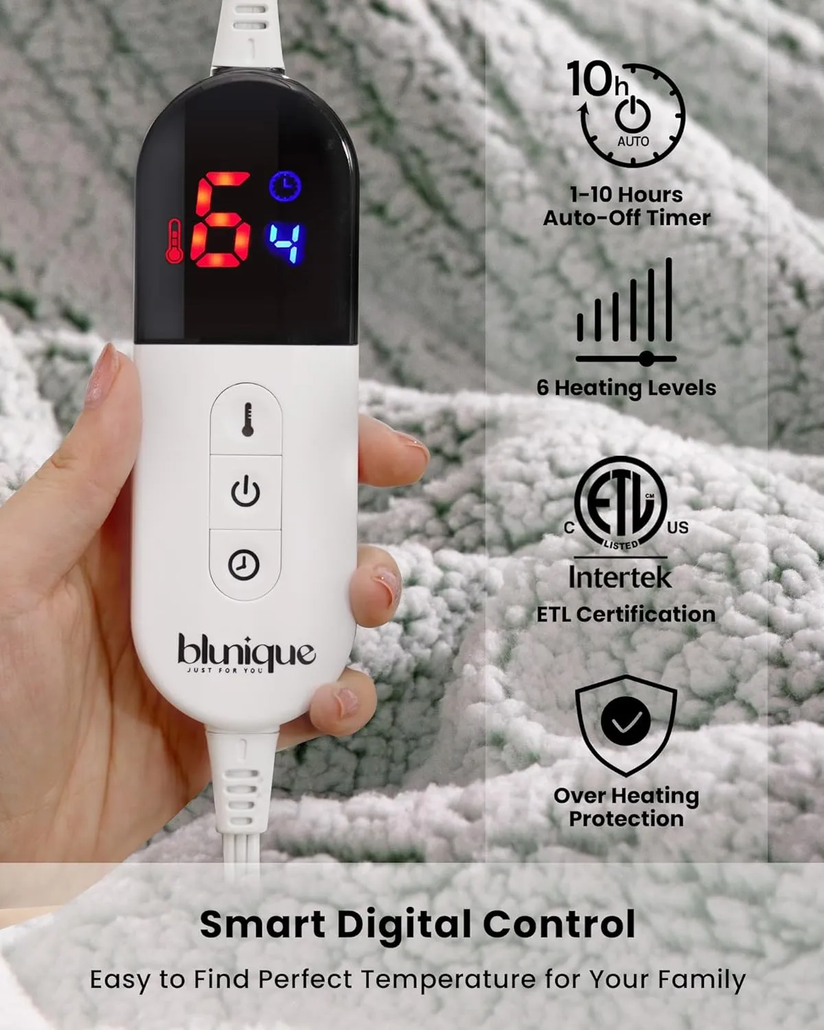 Electric Blanket Heated Throw Soft Double Sherpa Super Cozy with 6 Fast Heating Levels & 1-4 Hours Auto-Off, Over-Heat Protection, Machine Washable-Sage Green