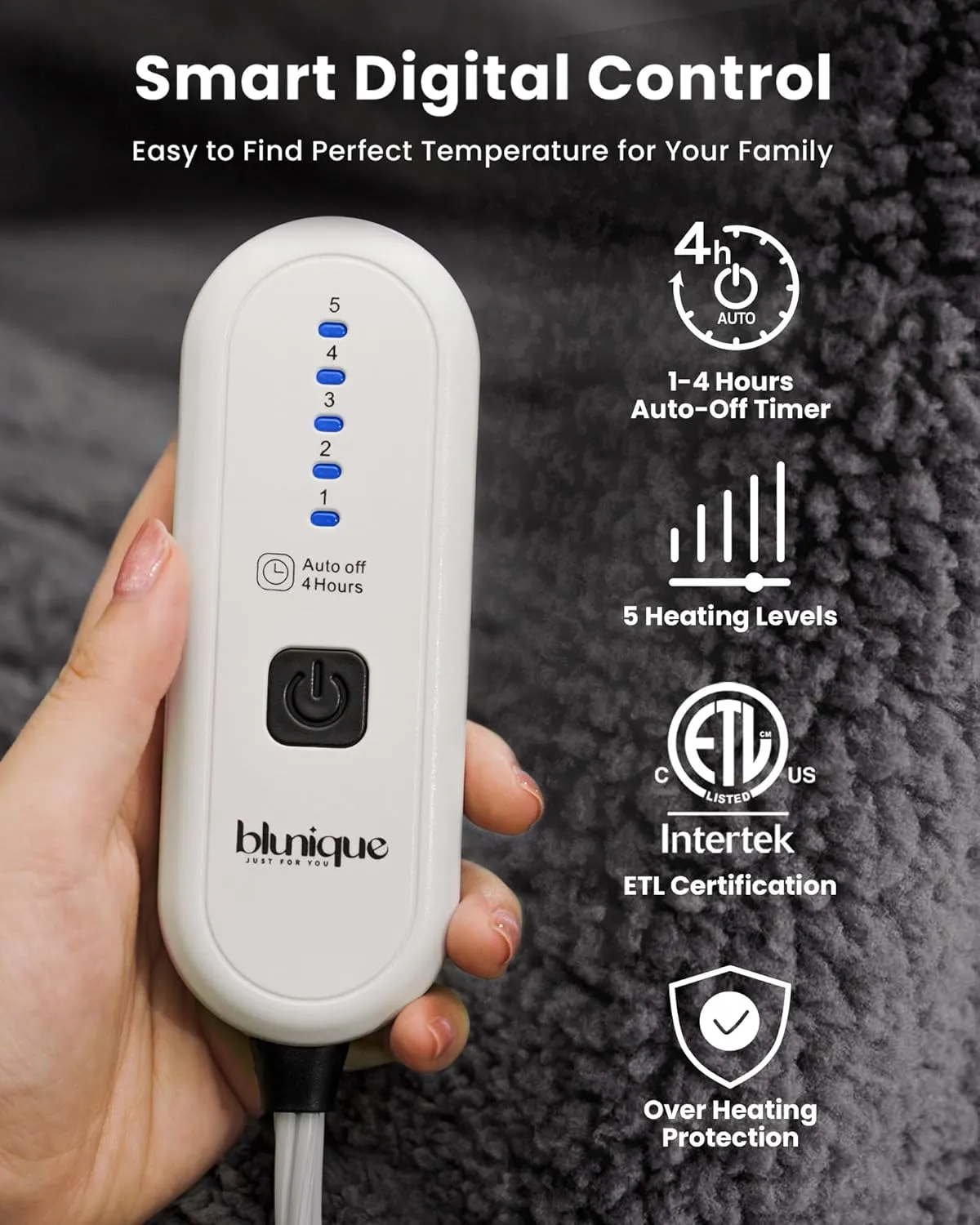 Electric Blanket Heated Throw Soft Double Sherpa Super Cozy with 6 Fast Heating Levels & 2-4 Hours Auto-Off, Over-Heat Protection, Machine Washable-Grey