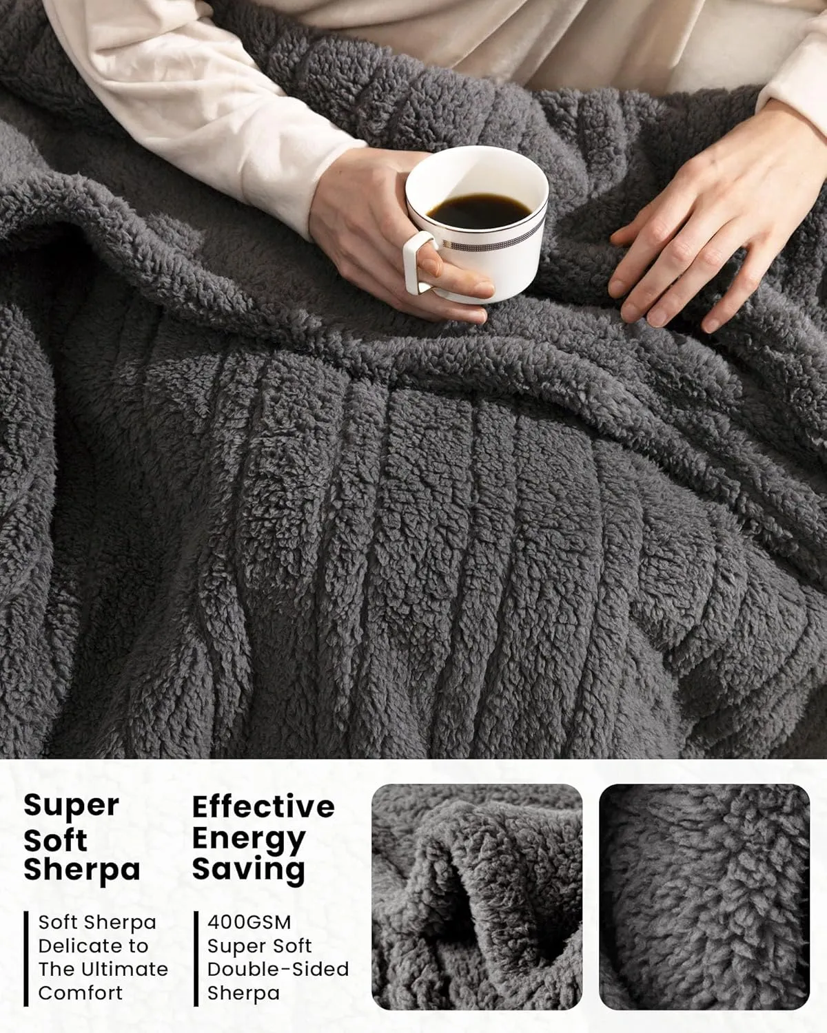 Electric Blanket Heated Throw Soft Double Sherpa Super Cozy with 6 Fast Heating Levels & 2-4 Hours Auto-Off, Over-Heat Protection, Machine Washable-Grey