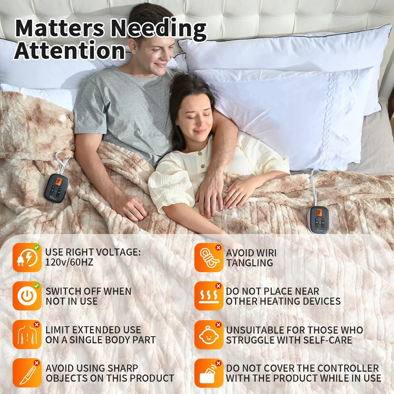 Electric Blanket King Size, Dual Control Heated Blankets (90"x100") 10 Heat Settings & 0.5-12 Hours Adjustable Timer, Soft Plush Faux Fur，Overheat Protection,ETL Certified, Machine Washable