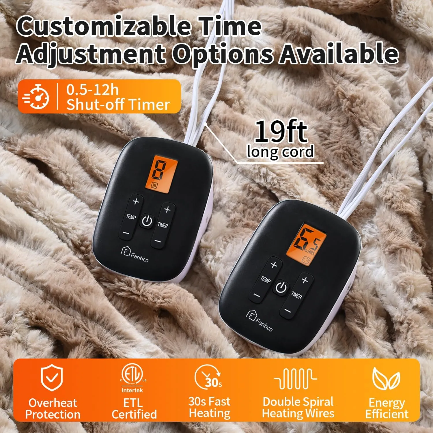 Electric Blanket King Size, Dual Control Heated Blankets (90"x100") 10 Heat Settings & 0.5-12 Hours Adjustable Timer, Soft Plush Faux Fur，Overheat Protection,ETL Certified, Machine Washable