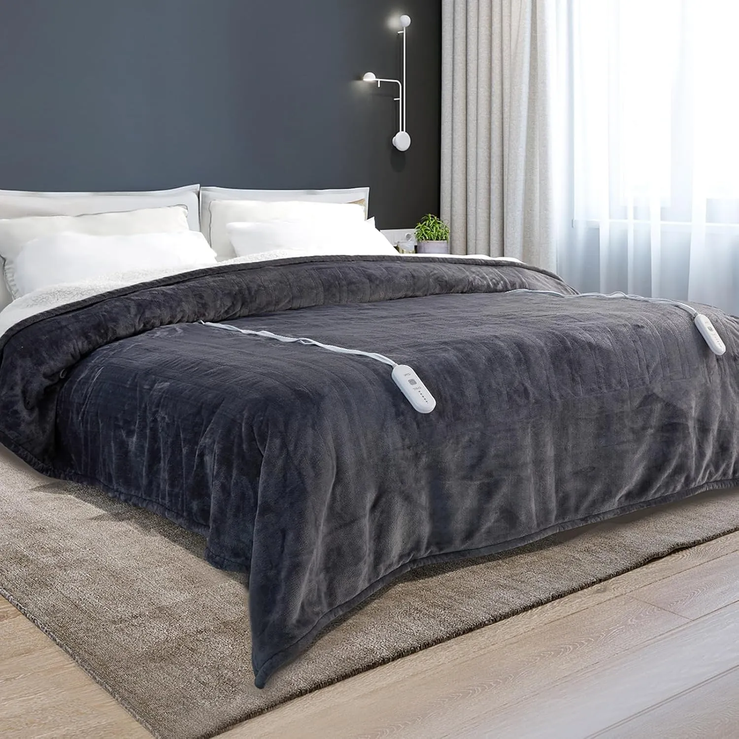 Electric Blanket King Size - Heated Blanket with Dual Control, 5 Heating Levels, 10 Hrs Auto Off, Soft Fleece Sherpa Flannel Warming Blanket for Bed, Machine Washable, 90×100", Grey