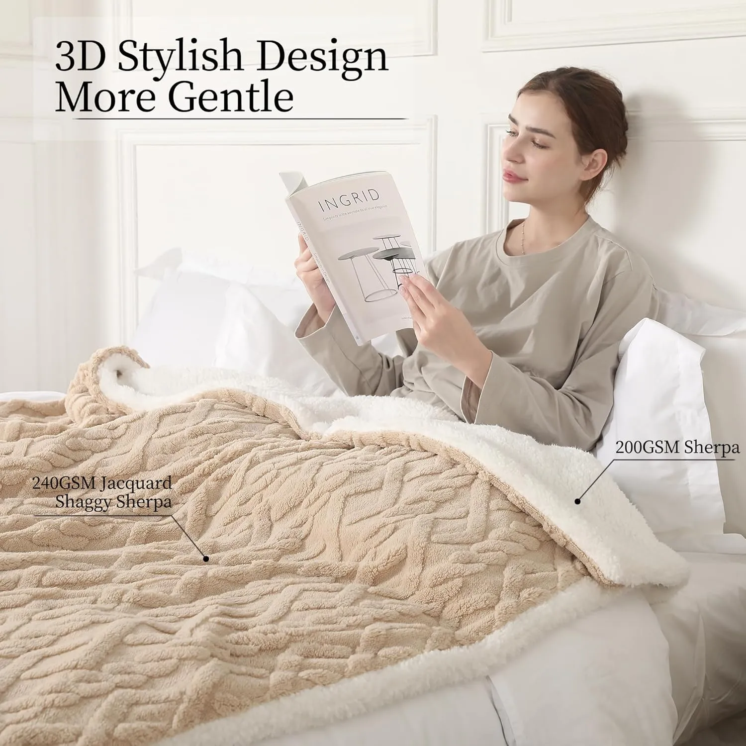 Electric Blanket Queen Size, 3D Pattern Design Heated Blanket Queen Super Cozy Sherpa with 5 Heating Levels & 10 Hours Auto Off, Beige