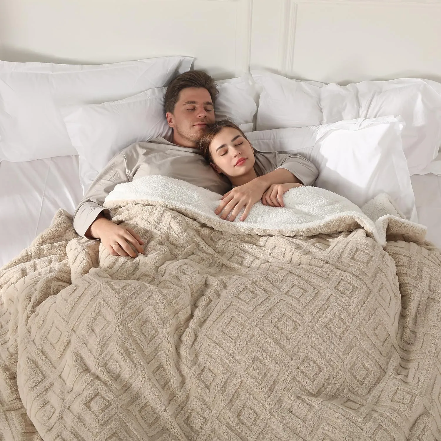 Electric Blanket Queen Size, Heated Blanket with 5 Heat Settings & 10 Time Settings, Super Soft Cozy Sherpa Blanket with Fast Heating for Home Office Use, 84 x 90 Inches, Light Khaki