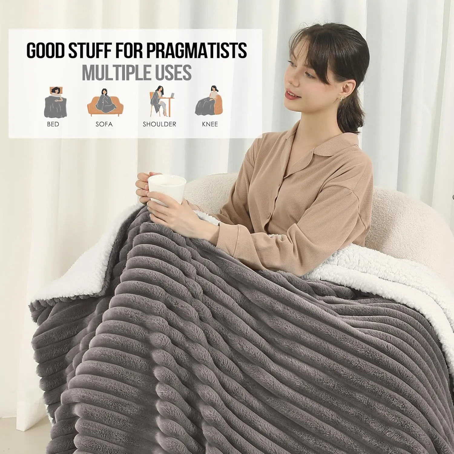 Electric Blanket Throw Size 50x60 Inches, Extra Thick 350GSM Luxury Faux Fur Plus 200GSM Sherpa with 3D Strip Design, Fast Heating with ETL Certified, Machine Washable, Gray
