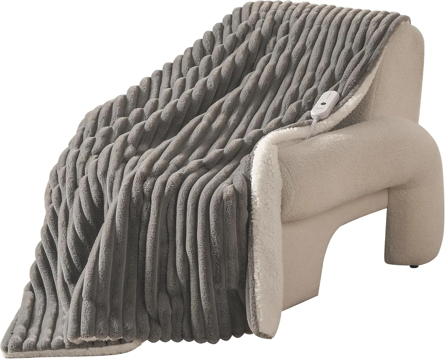Electric Blanket Throw Size 50x60 Inches, Extra Thick 350GSM Luxury Faux Fur Plus 200GSM Sherpa with 3D Strip Design, Fast Heating with ETL Certified, Machine Washable, Gray