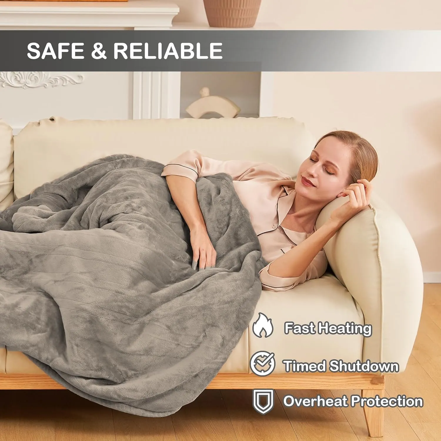 Electric Blanket Twin Size 62" x 84" Thickened Flannel and Sherpa Heated Blanket,10 Hours Timer Auto-Off,5 Heating Levels,for Bedroom Office Couch,Gray