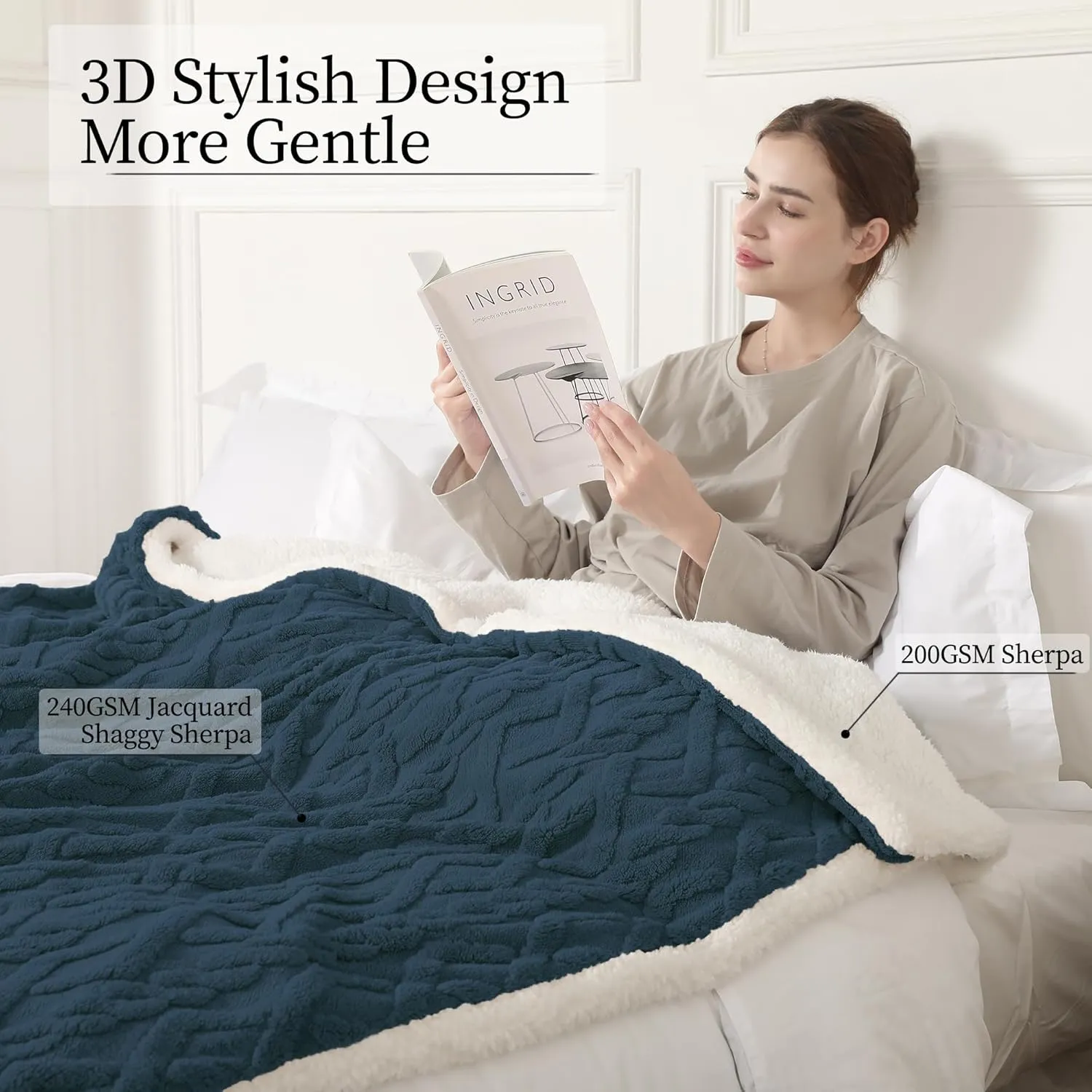 Electric Heated Blanket, 3D Pattern Design, Queen Size Heated Blanket Soft Warming Plush Electric Blanket Sherpa with 5 Heating Levels & 10 Hours Auto Off, Machine Washable, Navy Blue