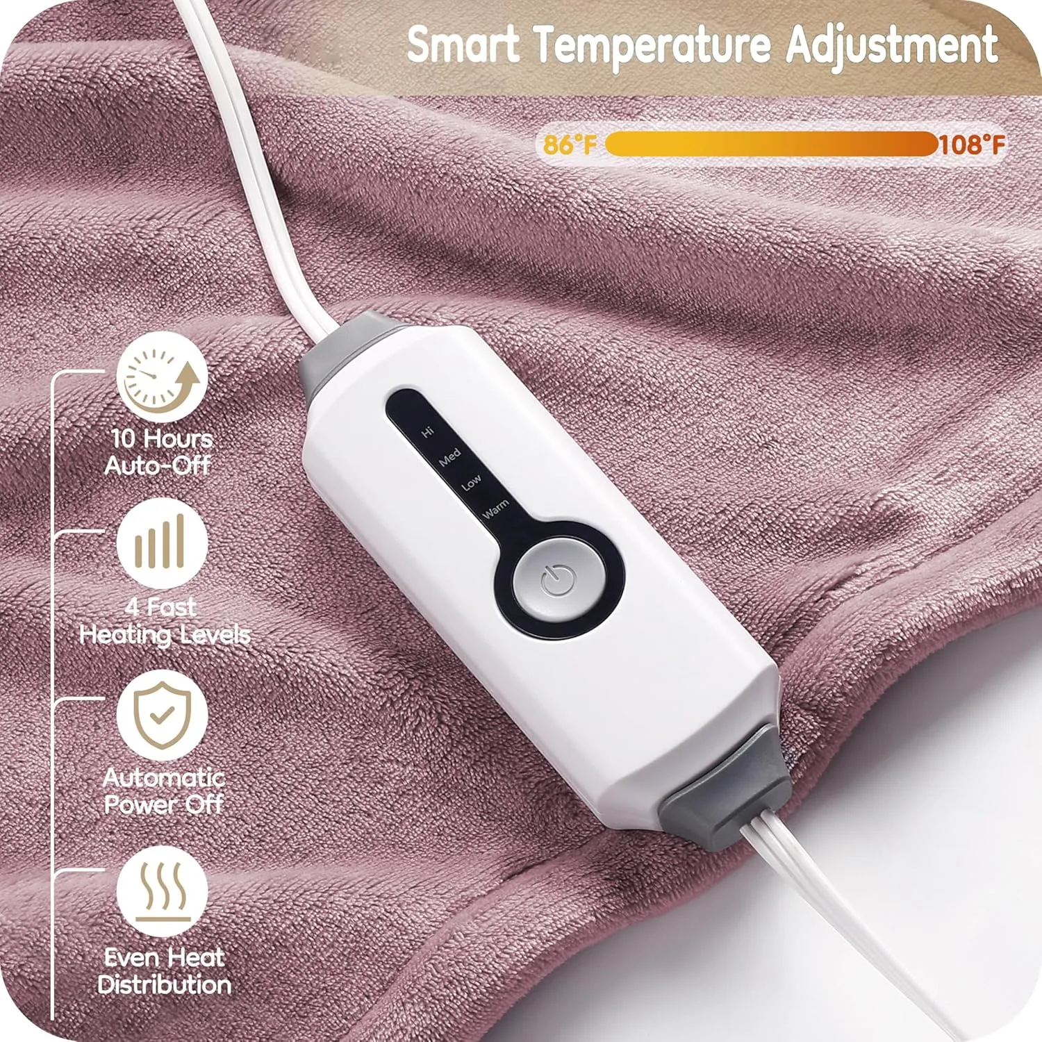Electric Heated Blanket 72" x 84" Full Size Breathable Warm Flannel Heated Blanket with 4 Heating Levels & 10 Hours Auto Shut Off, Control Temperature and Washable, for Sofa and Bed - Purple